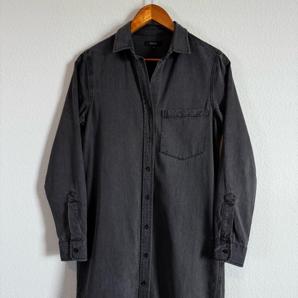 Quince Women's Distressed Denim Black Wash Maxi Shirt Dress Size XS - Picture 2 of 11